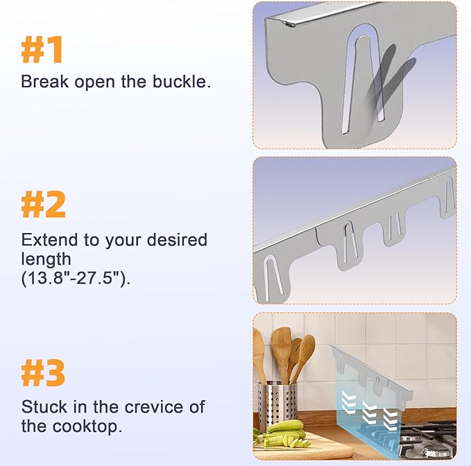 Stove Gap Covers Stainless Steel, Retractable Stove & Counter Gap Filler (13.8''–27.5''), Width 1'', Heat Resistant Metal Guard Between Stove and Countertop, Silver