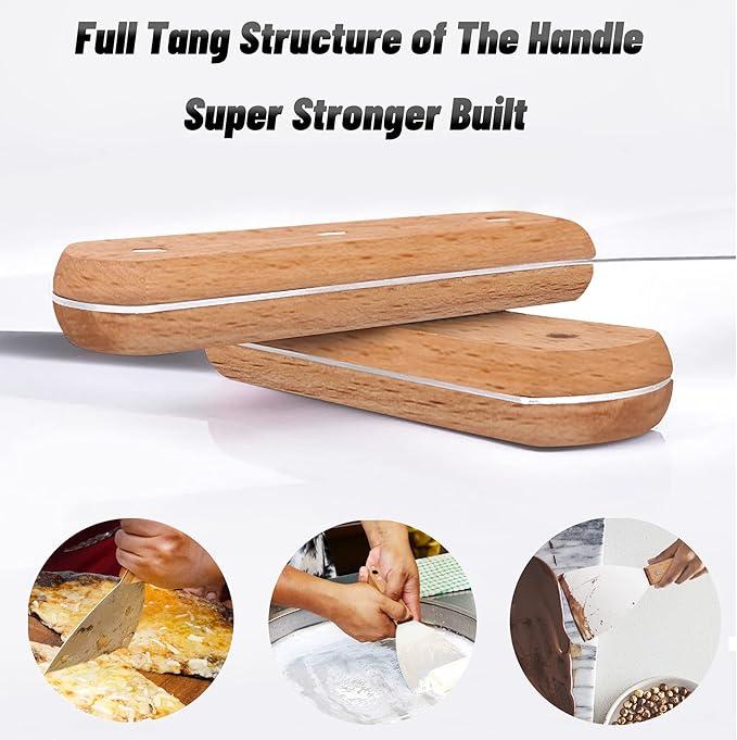 Grill Griddle Scraper Set of 3, Leonyo Stainless Steel Metal Flat Top Grill Scraper Tool for Teppanyaki BBQ Dough Pancake Pizza Home Baking Cooking, Wooden Grip