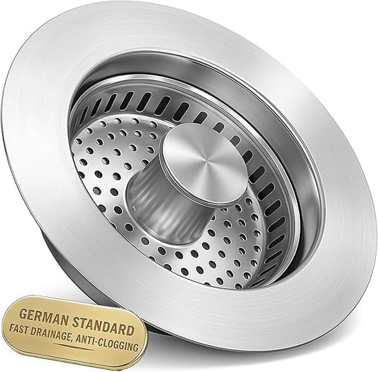 Upgraded 3-in-1 Kitchen Sink Drain Strainer with Solid Brass Core, Fast-Drain Pop-Up Sink Stopper, 304 Stainless Steel, Removable Anti-Clog Basket, for US Standard 3-1/2'' Drains