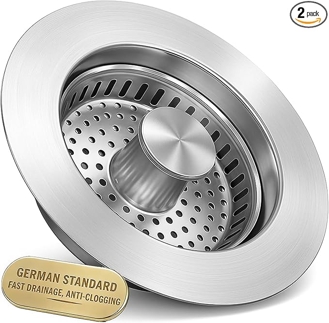 Upgraded 3-in-1 Kitchen Sink Drain Strainer with Solid Brass Core, Fast-Drain Pop-Up Sink Stopper, 304 Stainless Steel, Removable Anti-Clog Basket, for US Standard 3-1/2'' Drains (2 Pack)