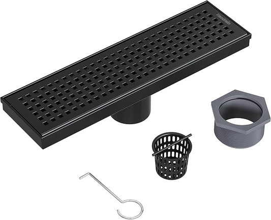 Neodrain 12-Inch Black Linear Shower Drain with Removable Quadrato Pattern Grate,Professional 304 Stainless Steel Rectangle Shower Floor Drains Manufacturer, Hair Strainer,Matte Black Linear Drain