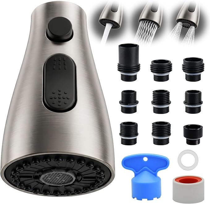 Kitchen Faucet Head Replacement, 3-Function Pull Down Spray Head with 9 Adapters, Sink Faucet Spray Head Compatible with Moen, Delta, American Standard Faucet, etc, Brushed Nickel