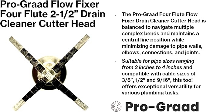 2-1/2” Spear 4 Flute Flow Fixer Drain Cleaner Plumbing Snake Cutter Head for 3” – 4” Pipes, Clears & Scrapes Inner Walls, Fits 3/8” 1/2" or 9/16” Cables, Commercial & Residential Use