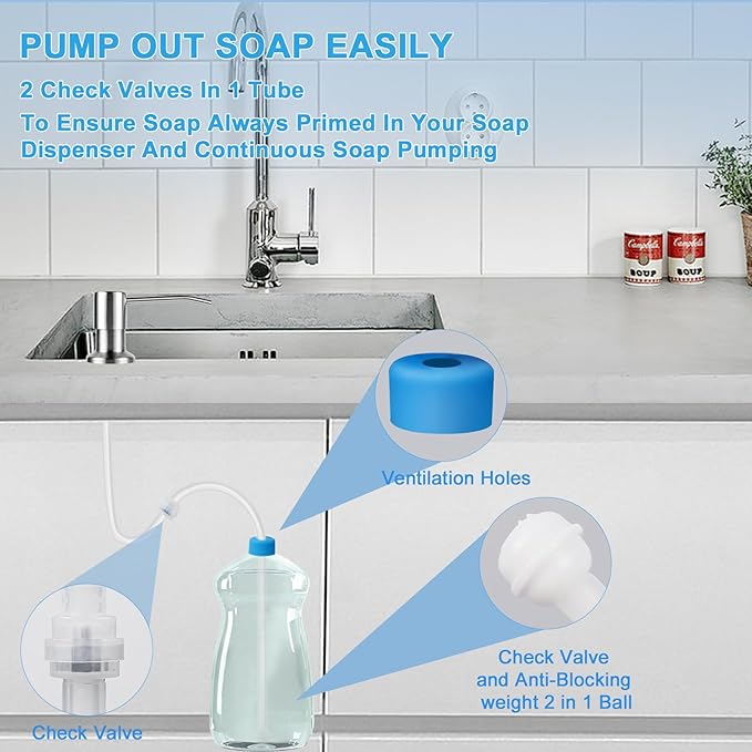 Sink Soap Dispenser Extension Tube Kit with Upgraded Check Valve, Premium 47" Under Counter Soap Dispenser Tube for Kitchen Sink, Powerful Suction, No More Refilling Tiny Bottle