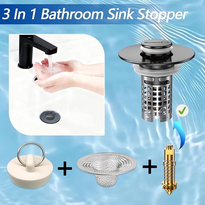 Bathroom Sink Drain Strainer, Stainless Steel Pop-up Strainer Basket Hair Catcher with Removable Basket, Brass Bullet Core, Universal Fit 1.1-2.36 Inch (Matte Black (2PCS))