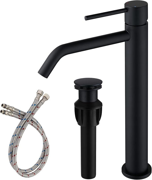 Black Vessel Sink Faucet with Drain Assembly and cUPC Supply Lines, JXMMP Stainless Steel Matte Black Faucets for Bathroom Sink, Tall Bathroom Faucet JXM1001BK
