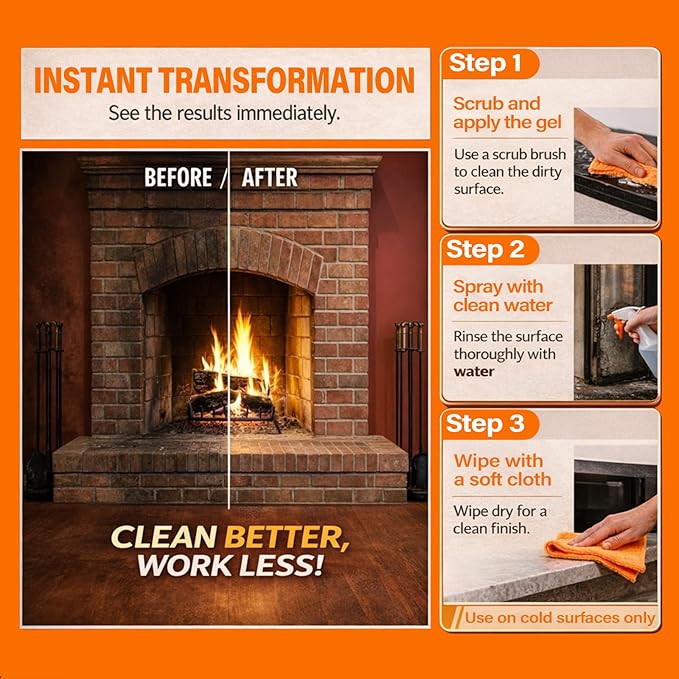 Fireplace Cleaning Set Fireplace Soot Remover with Scrub Brush for Brick, Stone, Rock, Tile, and Marble – Nonabrasive Brick Cleaner, Gentle Formula for Bricks & Glass Indoor and Outdoor -16 oz