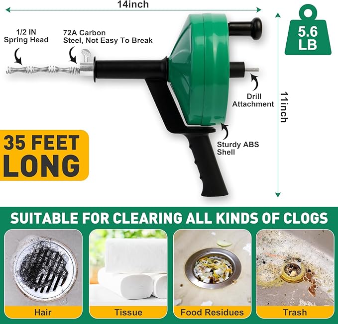 Wayona Drain Snake 35 FT, Plumbing Snake for Sink Snake Drain clog Remover, Drain Snake with Drill Attachment with Bag Gloves Cleaning Brush, Manual or Powered Used, Not Automatic(35 FT - 1/4 inch)