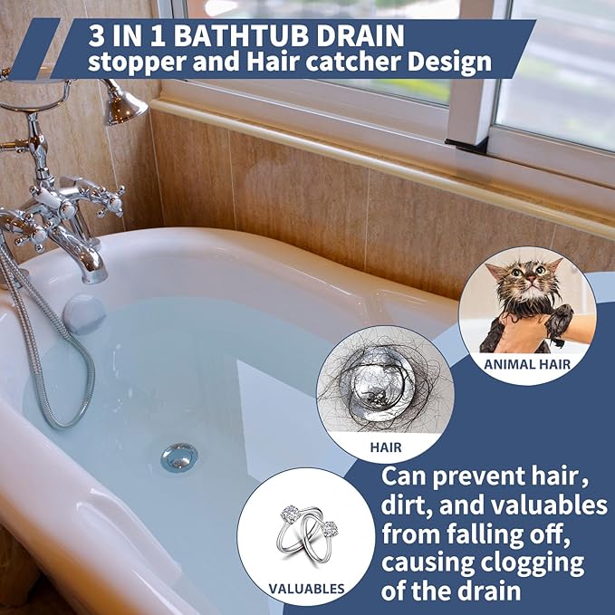 Universal 2 in 1 Bathtub Drain Stopper Bathtub Drain Hair Catcher，Pop-up Tub Stopper with Effective Filter Basket, Anti-Clogging Bathtub Drain Plug Bath Tub Stoppers for 1-1/2 to 1-3/4"" (Dark Grey)