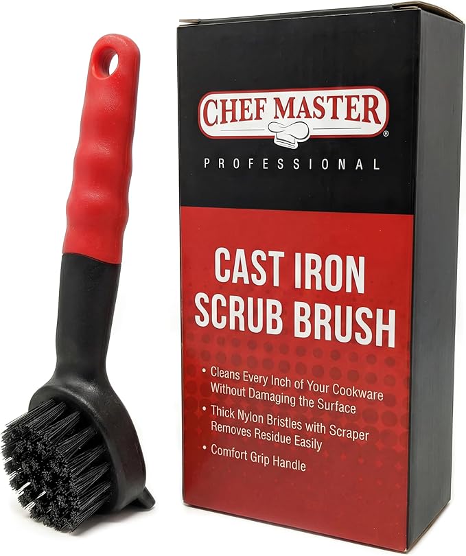 Cast Iron Scrub Brush with Heavy Duty Scraper - Nylon Bristles Dish Scrubber for Pans, Skillets and Woks – Kitchen Cleaner Removes Grime, Grease, Food Build Up - 90058 by Chef Master
