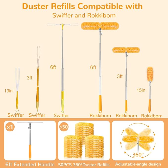 6 ft Heavy Duty Extendable Duster Handle with 50 Refills for Swiffer Duster, 360° Multi-Surface Dusters with 4X Cleaning Power for Home, Ceiling Fans, Windows, Dusting Hard-to-Reach Areas (Orange)