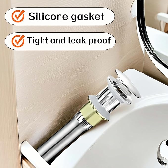 Pop-Up Sink Drain for No Overflow Basin, Stainless Steel, Hair Catcher Filter, 7.09 inch Length, Brushed Nickel (Nonporous)