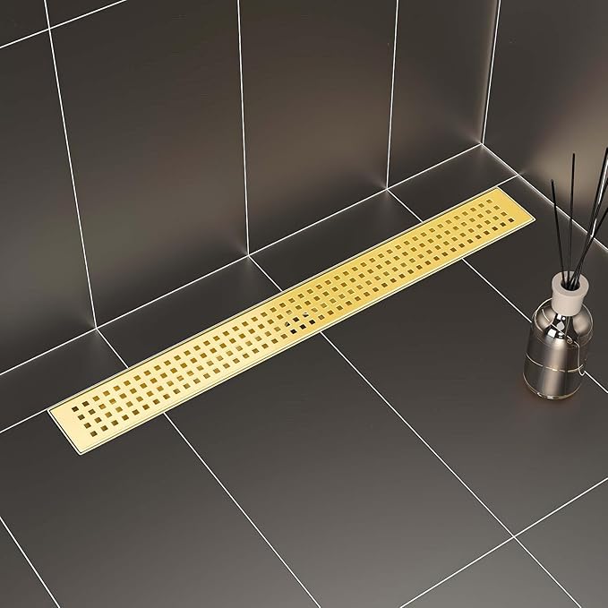 SaniteModar Linear Shower Drain, Shower Drain Gold 48 inch with Removable Grate,Brushed 304 Stainless Steel Gold Shower Floor Drain Include Hair Strainer,Adjustable Leveling Feet