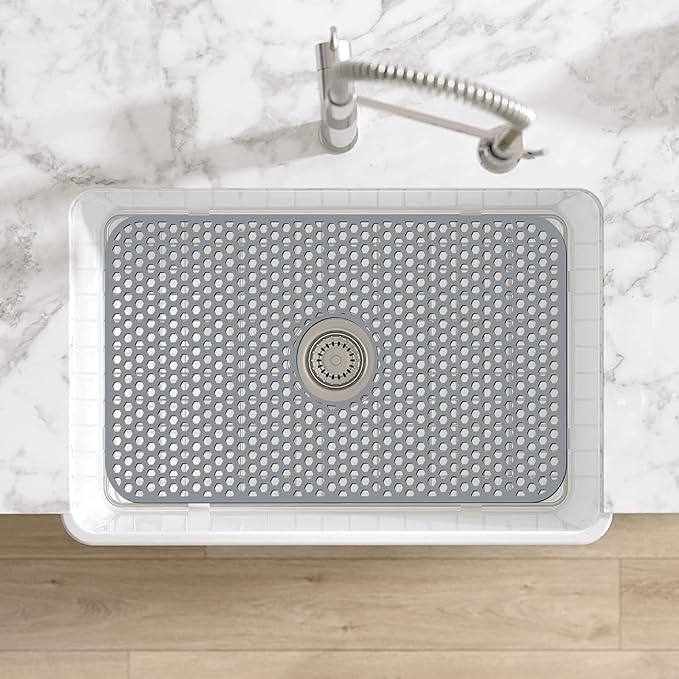 Silicone Sink Protectors for Kitchen Sink with Center Drain, 26'' x 14'' Kitchen Protector Accessory, Non-Slip Grid Mat for Bottom of Farmhouse Porcelain Stainless Steel (Center Hole)