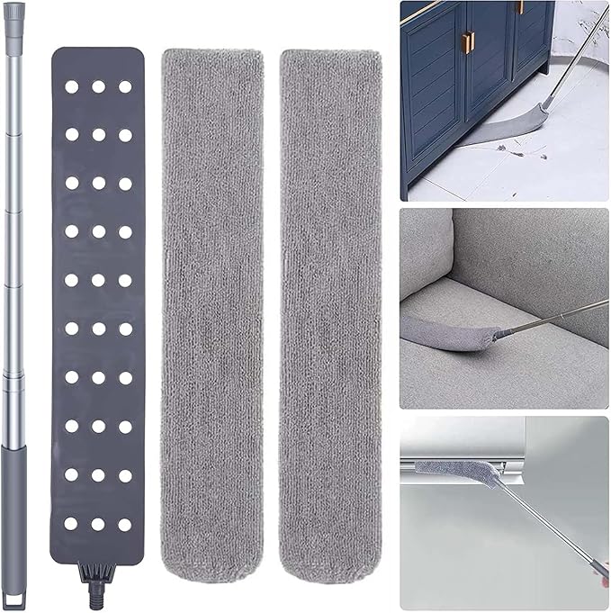 Retractable Gap Dust Cleaner with Extension Pole, Cleaning Tools with 2 Microfiber Dusting Cloths, Washable Extendable Long Handle Gap Dusters for for Sofa Bed Furniture Bottom (2pcs Duster Cloths)