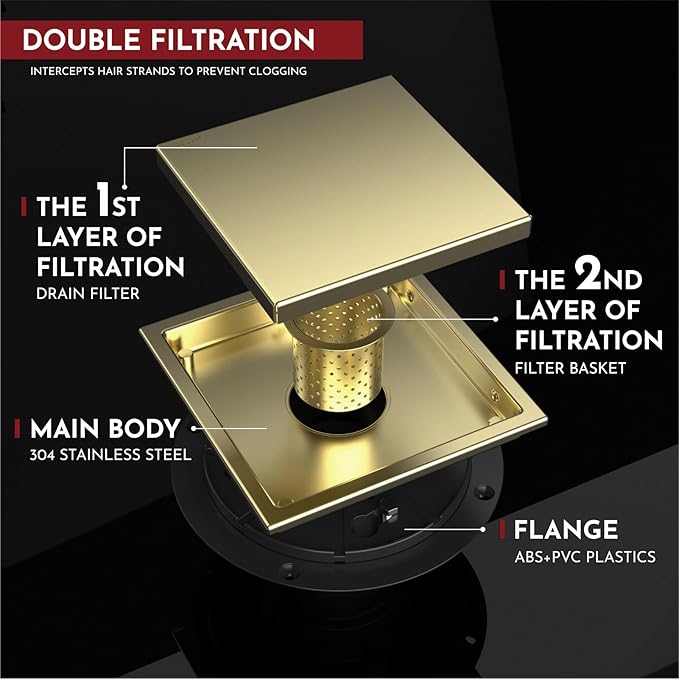 WEBANG 6 Inch Square Shower Drain Gold Floor Drain with Flange Reversible 2-in-1 Cover Tile Insert Grate Removable SUS304 Stainless Steel CUPC Certified Brushed Gold