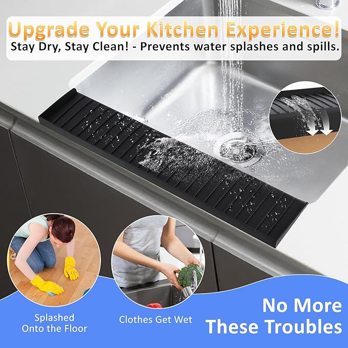 Sink Edge Protector with Suction Cup 4"x30", Silicone Sink Splash Guard for Kitchen & Bathroom, Protect Countertop from Scratches, Stains, for Stainless Steel Granite Quartz-Black