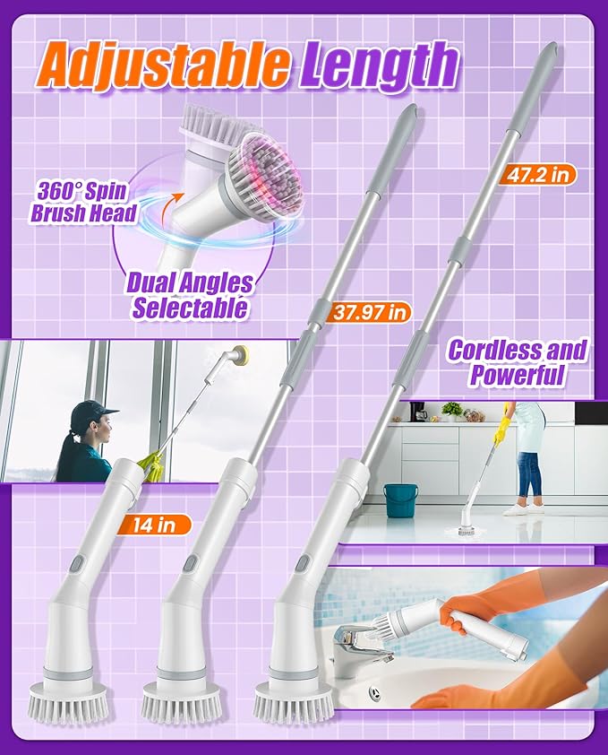 6-in-1 Electric Spin Scrubber, Cordless Power Scrubber with 47.2" Long Extendable Handle, IPX7 Waterproof 2-Speed Scrub Brush for Bathroom, Kitchen, Tile, Tub and Floor Cleaning, White-qb2