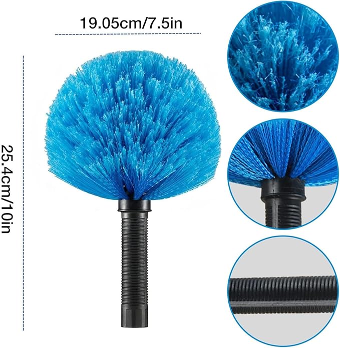 Screw on Cobweb Duster Brush Head | Spider Web Brush for Outdoor and Indoor Web Cleaning, Twist-On Corner Duster Fits Standard US 3/4 Inch Acme Threaded Poles (Pole Not Included) (Blue)