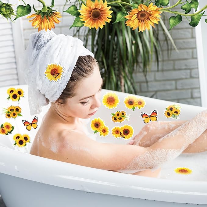 Yaomiao 24 Pcs Sunflower Non Slip Bathtub Stickers Shower Stickers Anti Slip Decal Threads Adhesive Appliques with Scraper Adhesive Decals for Safety Bathroom Tubs, Shower Floor, Stairs