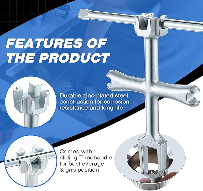 Enhon 4 Sided Drain Strainer Wrench with Sliding Handle for Bath/Shower Sink Tool for Installing Removing Pop Up Plugs, Basket Drains and Closet Spuds