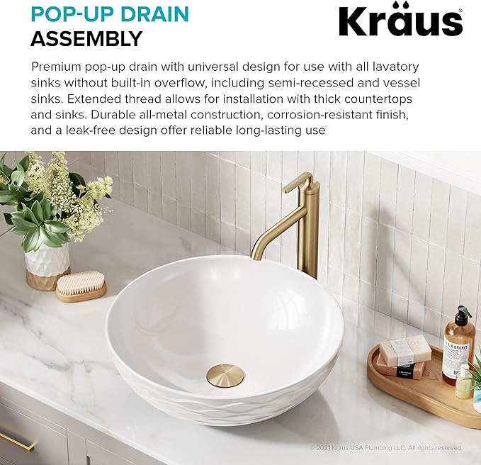 KRAUS Bathroom Sink Pop-Up Drain Assembly in Brushed Gold for Vessel Sinks and Sinks without Overflow, with Extended Thread for Thicker Countertops, PU-L10BG