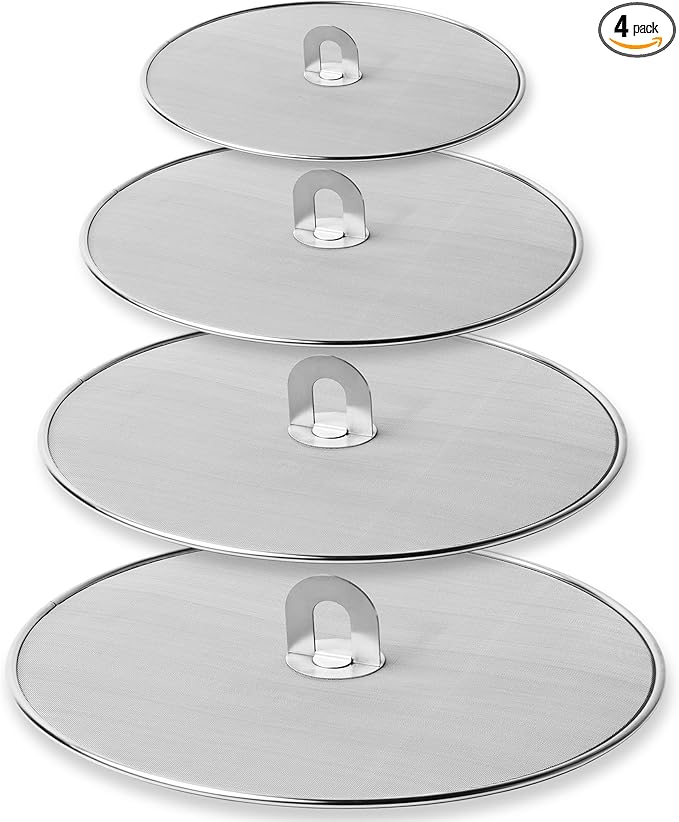 Homestia 4 Pack Splatter Screen for Frying Pan, 13", 11.5", 10", 8" Stainless Steel Grease Splatter Guard with Fold Flat Knob, Kitchen Oil Splatter Guard Set for Safe Cooking