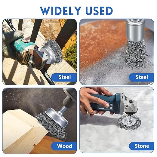 10 Pcs Drill Wire Brushes Coarse Carbon Steel Crimping Wire Wheel Cup Brushes, 1/4 Inch Hex Shank – Suitable for Rust Cleaning, Stripping & Abrasive Applications