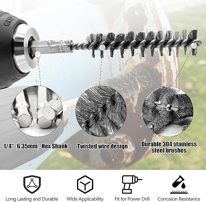 16-Piece Bore Brush Set - 304 Stainless Steel Drill Wire Bore Cleaning Brushes - 1/4" Hex Shank for Power Drills, Impact Drivers, Grinders (8/10/12/15/17/19/22/25mm)