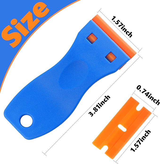 2 Pack Non-Scratch Plastic Scrapers, 8 Replacement Razor Blades, House & Car Cleaning Tool for Glass, Cooktop, Oven, Stove, Remove Stain, Paint, Glue (orange blue)