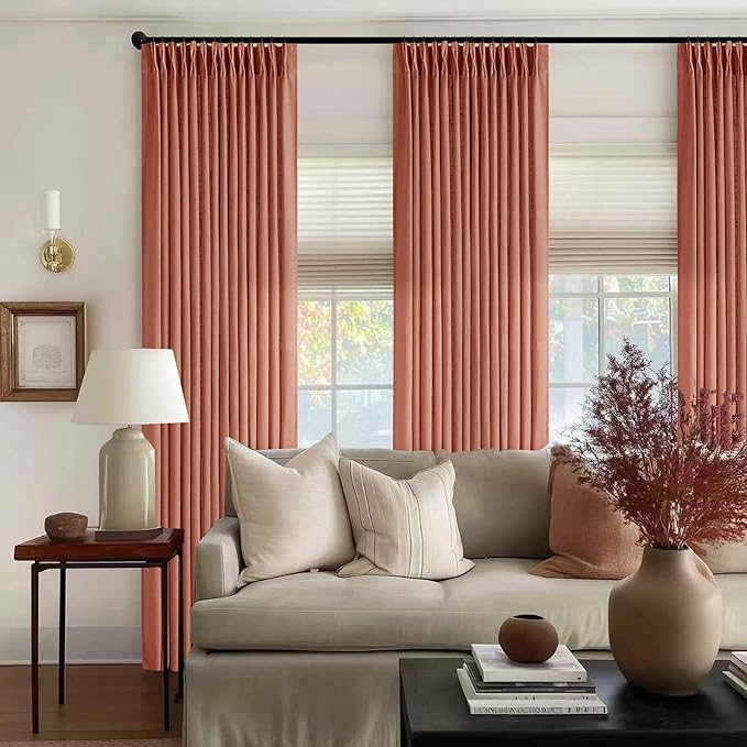 Farmhouse Terracotta Linen Curtains 102 Inches Long for Living Room Pinch Pleated Drape with Hooks Rings for Track System Light Filtering 102 Inch Curtain for Bedroom Sliding Patio Door 2 Panels