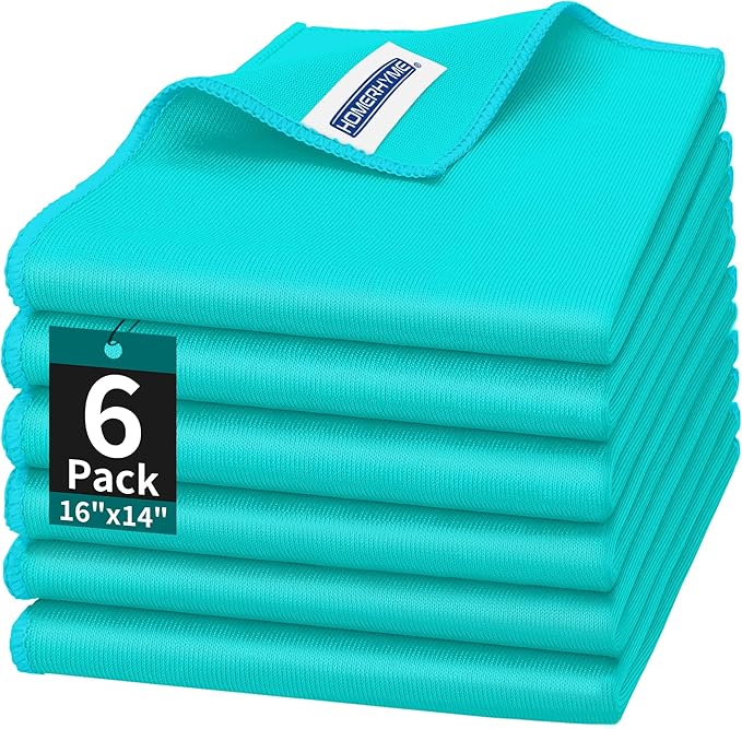 HOMERHYME Microfiber Cleaning Cloth - 6 Pack Glasses Cleaning Cloth, 16" x 14" Window Cleaning Rags, Streak Free Lint Free Polishing Cloths Wipes for Eye Glass, Stainless Steel, Windshield, Turquoise