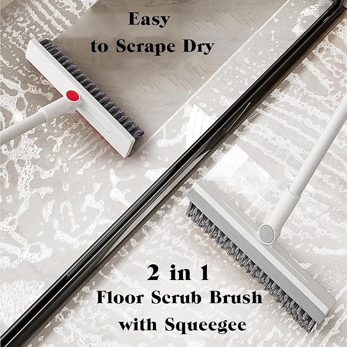 Floor Brush Scrubber with Long Handle Grout Brush Tile Floor Scrub Brush with Squeegee Heavy Duty Deck Brush Stain 180℃ Rotating Crevice Cleaning Brush Stiff Bristle Broom for Bathroom Wall