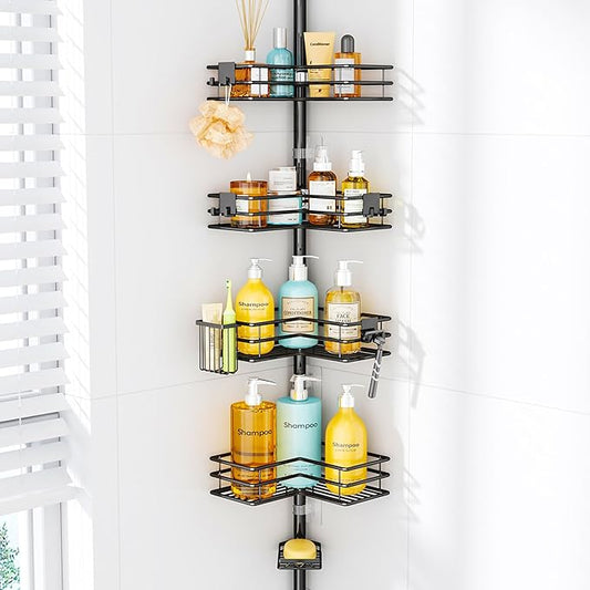 HapiRm Corner Shower Caddy Organizer - Shower Organizer Corner with Soap Holder, Toothbrush Holder and 4 Hooks, Rustproof Bathroom Shelf Tension Pole Available for 27.6 to 108.3 Inch - Black