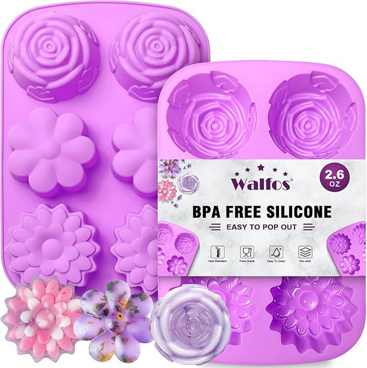 Walfos Silicone Flower Soap Mold,6 Cavities Different Flower Shapes Soap Mold BPA Free.Perfect for Homemade Craft Soap,Ice,Mousse,Cake,Jelly,Chocolate.(2pcs Purple)