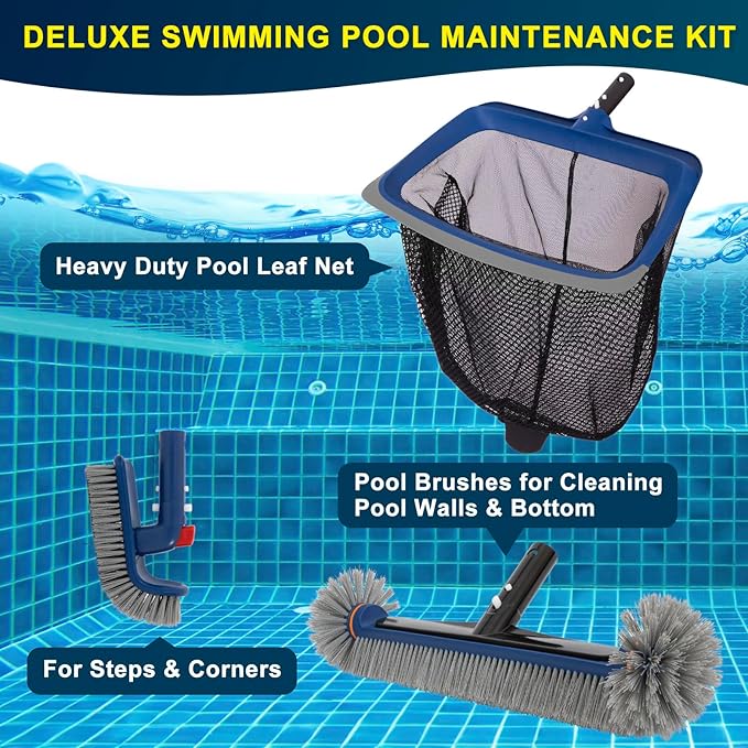 Deluxe Swimming Pool Cleaning Kit Including Pool Skimmer Net with Rubber Edge, 17.5" Pool Brush Head & Rotatable Pool Scrub Brush, Heavy Duty Pool Cleaning Kit Inground & Above Ground Pool (No Pole)