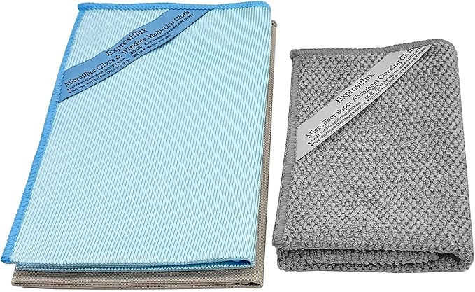 Lint-Free Streak-Free Glass Cleaning Cloth 3-Pack - Microfiber Towels Polish & Scrub with Only Water for Windows, Cars, Mirrors - Blue, Brown, Gray