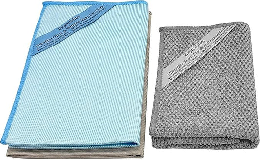 Lint-Free Streak-Free Glass Cleaning Cloth 3-Pack - Microfiber Towels Polish & Scrub with Only Water for Windows, Cars, Mirrors - Blue, Brown, Gray