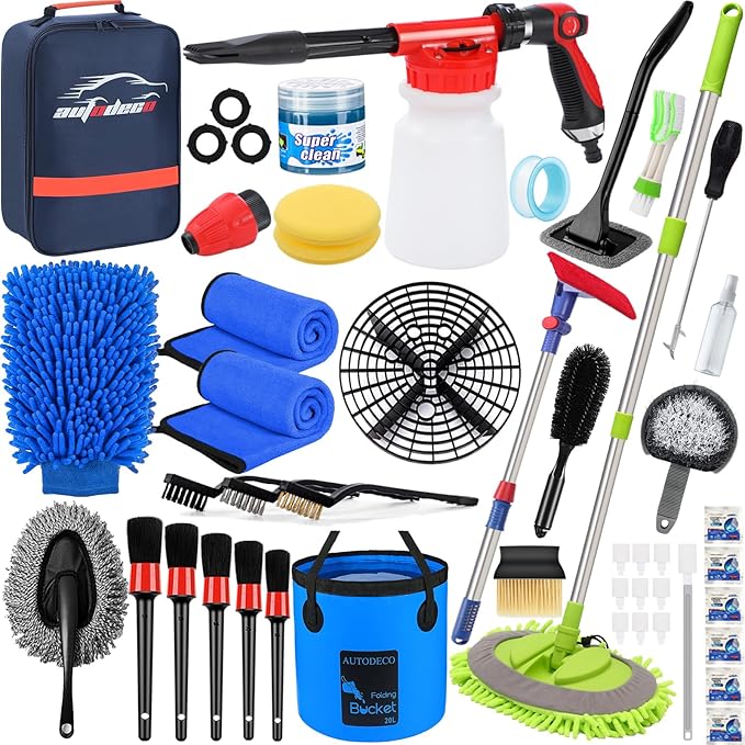 44Pcs Car Wash Detailing Kit Cleaning Kits with Foam Gun Sprayer Wash Mop with Long Handle Collapsible Bucket Large Wash Mitt Towels Complete Interior Exterior Car Washing Supply Set Blue