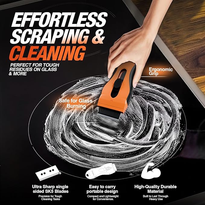 Razor Blade Scraper Tool | 18 Extra Blades, Unique Auto-Reload Mechanism, Dual Storage Compartment, Cleaning Razor scraper for Kitchen, Glass, Cooktop, Stovetop, Oven, Paint, Window, Sticker