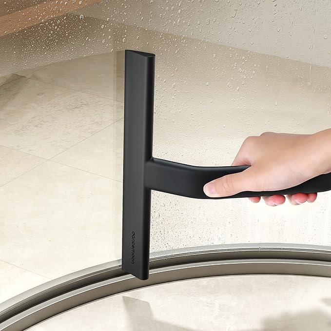 dancemoon JustHang Shower Squeegee for Glass Doors, All-in-One Piece Silicone Squeegee with Built-in Hook for Bathroom, Window, Mirror, Tile Wall, Car, Streak-Free Bathroom Cleaner Tool,10 Inch Black