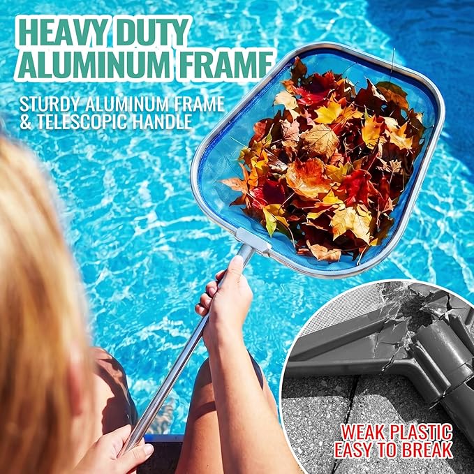 36" Hot Tub Pool Skimmer Net with Pole All-Metal Aluminum Frame & Handle for Small Above Ground Pools - Lightweight Pool Skimmer Net for Daily Leaves Bugs Removal Easy Cleaning, Retro Silver