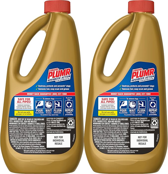 Liquid-Plumr Advanced Action Clog Destroyer Gel, Removes Multiple Types of Clogs including Hair, Deodorizes and Freshens, Safe for All Septic Systems and Pipes, 2 Bottles, 32 fl. oz. Bottle