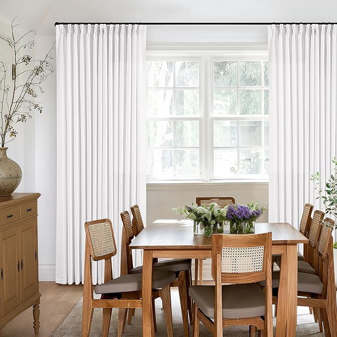 Extra Long Snow White Pinch Pleated 132 Inch Linen Curtains 2 Panels for Living Room Bedroom Memory Training Shaped Semi Sheer Pleat Drapes with Hooks Rings Light Filtering Window Curtain 40x132