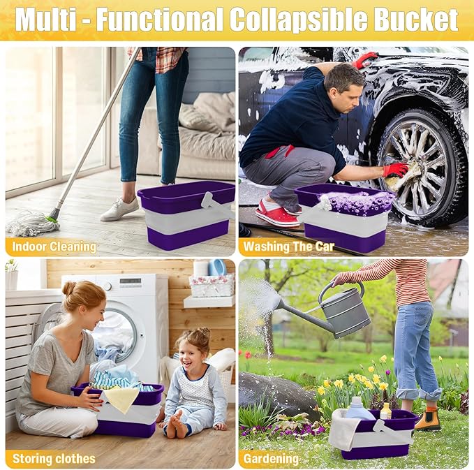 Collapsible Mop Bucket for Cleaning with Handle, Silicone Square Wash Bucket for Windows Cleaning Car Washing,Cleaning Supplies Organizer Plastic Water Bucket