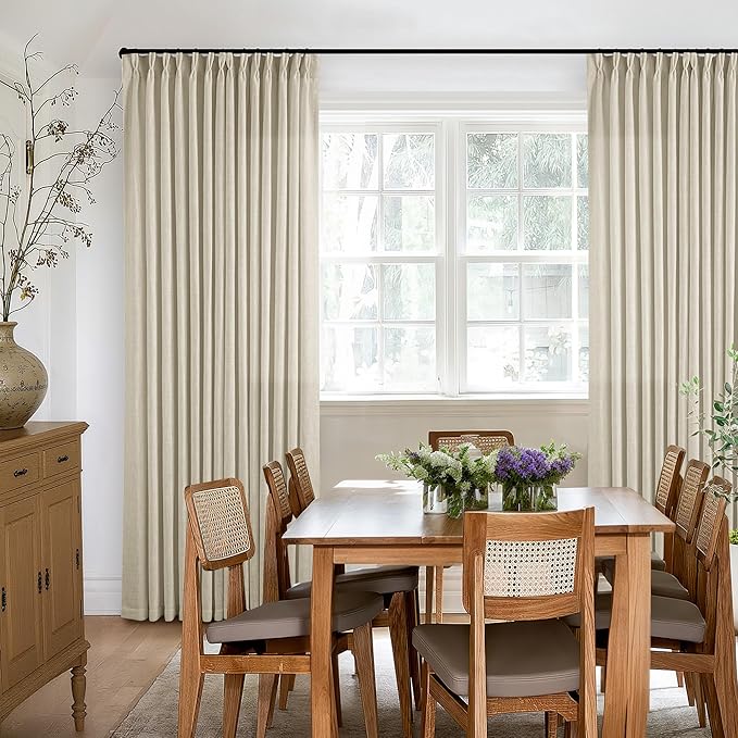 Beige Linen Curtains 96 Inches Long Pinch Pleated 2 Panels for Living Room Bedroom Memory Trained Semi Sheer Neutral Flax Pinch Pleat Drapes with Hooks Rings Light Filtering Window Curtain 40x96