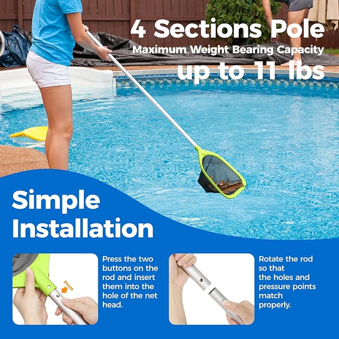 Mowend Swimming Pool Skimmer Net 57 inches, Leaf Rake Net with 4 Section Telescopic Aluminum Pole for Fast Cleaning Ponds, Hot Tub, and Spas, Pool Cleaner Supplies and Accessories