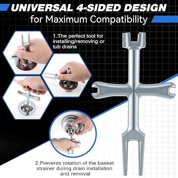 Enhon 4 Sided Drain Strainer Wrench with Sliding Handle for Bath/Shower Sink Tool for Installing Removing Pop Up Plugs, Basket Drains and Closet Spuds