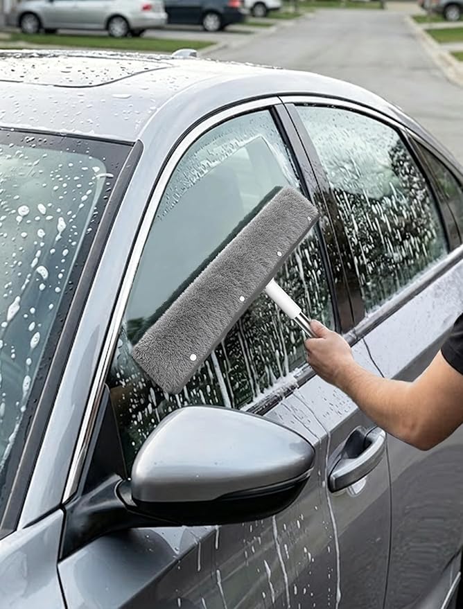Floor Squeegee Broom with Long Handle, Heavy Duty Rubber Squeegee Kit, Scrubber for Tile Floor, Garage and Concrete, (Four Pieces of Fabric)
