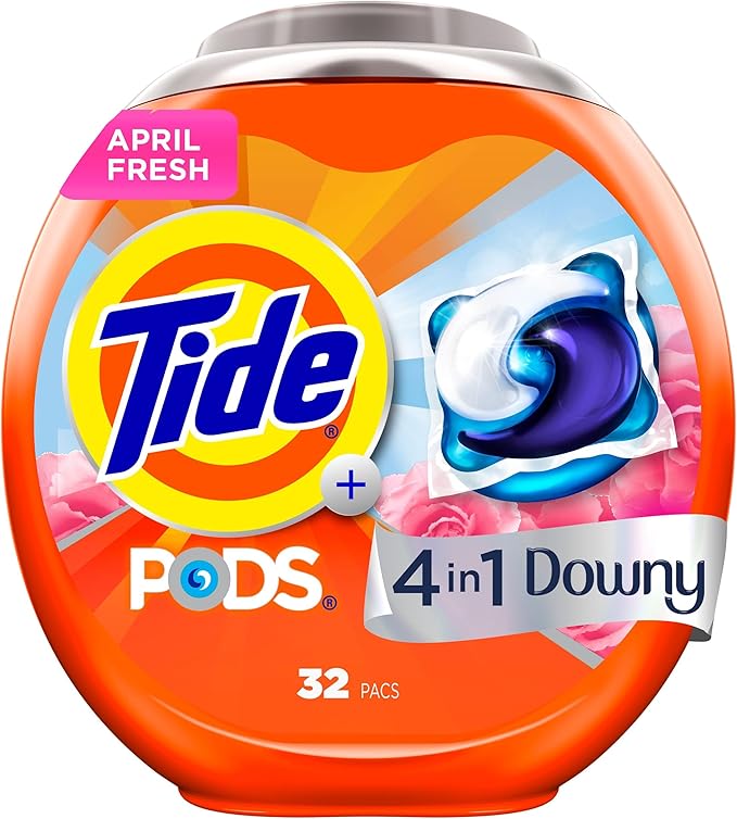 Tide PODS Laundry Detergent Soap with Downy 4-in-1 Stain Remover Freshness Softness Detergent pacs, April Fresh Scent, 32 Count